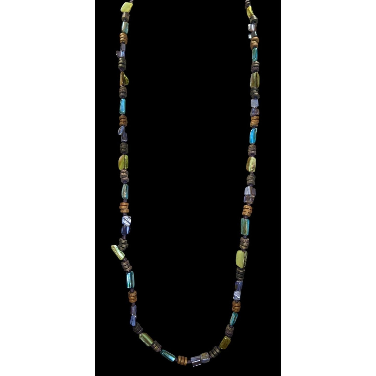 Boho Long Iridescent Shell Beaded Necklace Earthy Multicolor Tribal Festival Jewelry
