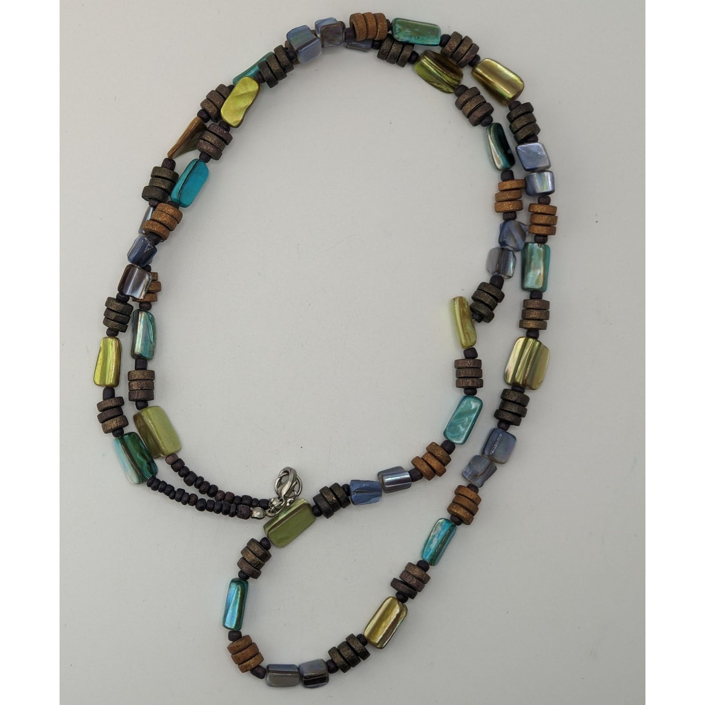 Boho Long Iridescent Shell Beaded Necklace Earthy Multicolor Tribal Festival Jewelry