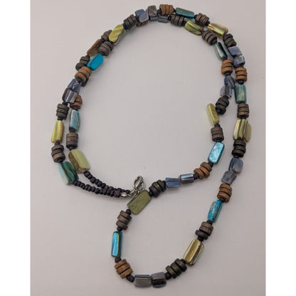 Boho Long Iridescent Shell Beaded Necklace Earthy Multicolor Tribal Festival Jewelry