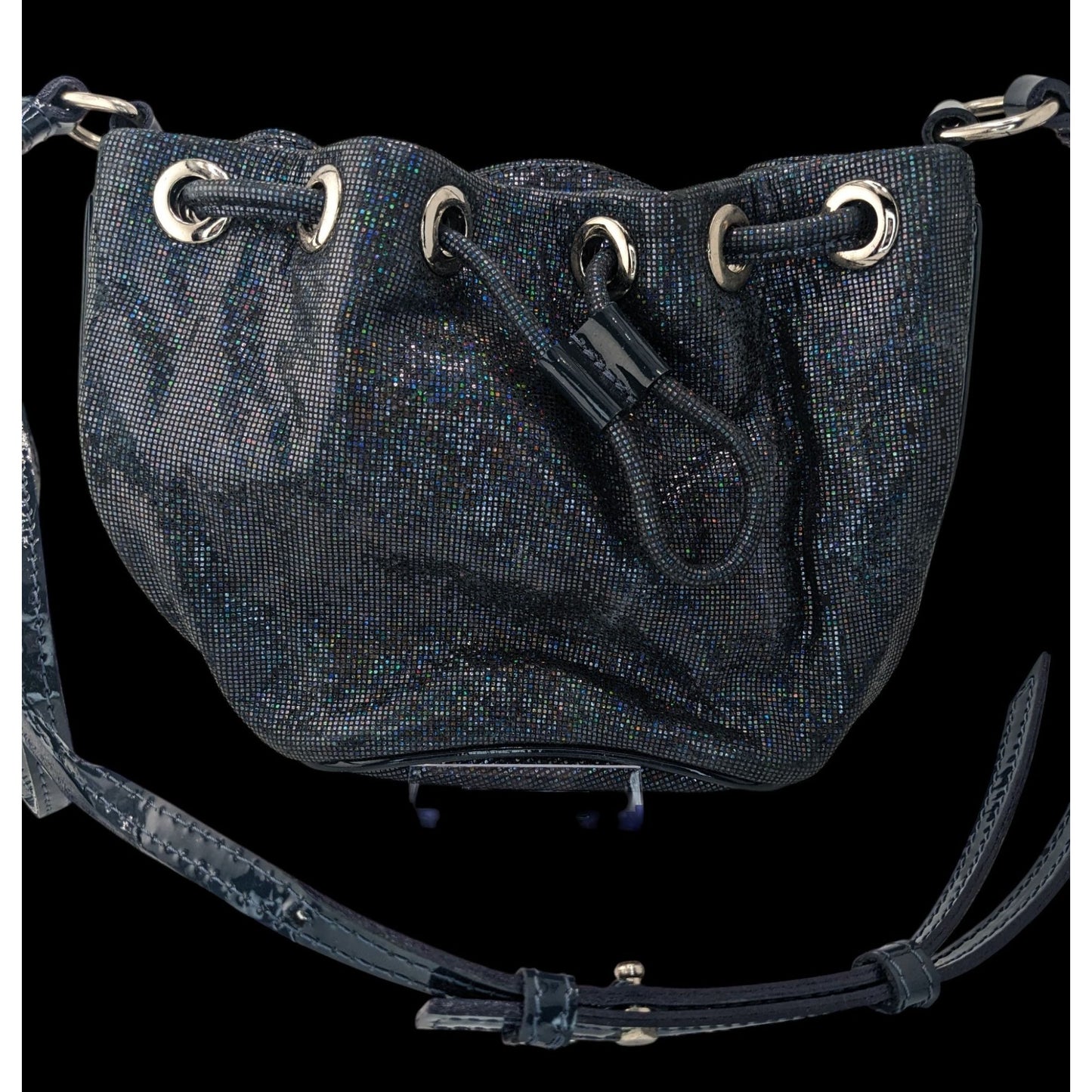De Maria Navy Prismatic Mini Bucket Bag With Adjustable Strap & Drawstring Closure 9x6x2 Inches