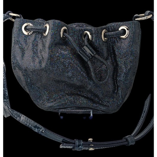 De Maria Navy Prismatic Mini Bucket Bag With Adjustable Strap & Drawstring Closure 9x6x2 Inches