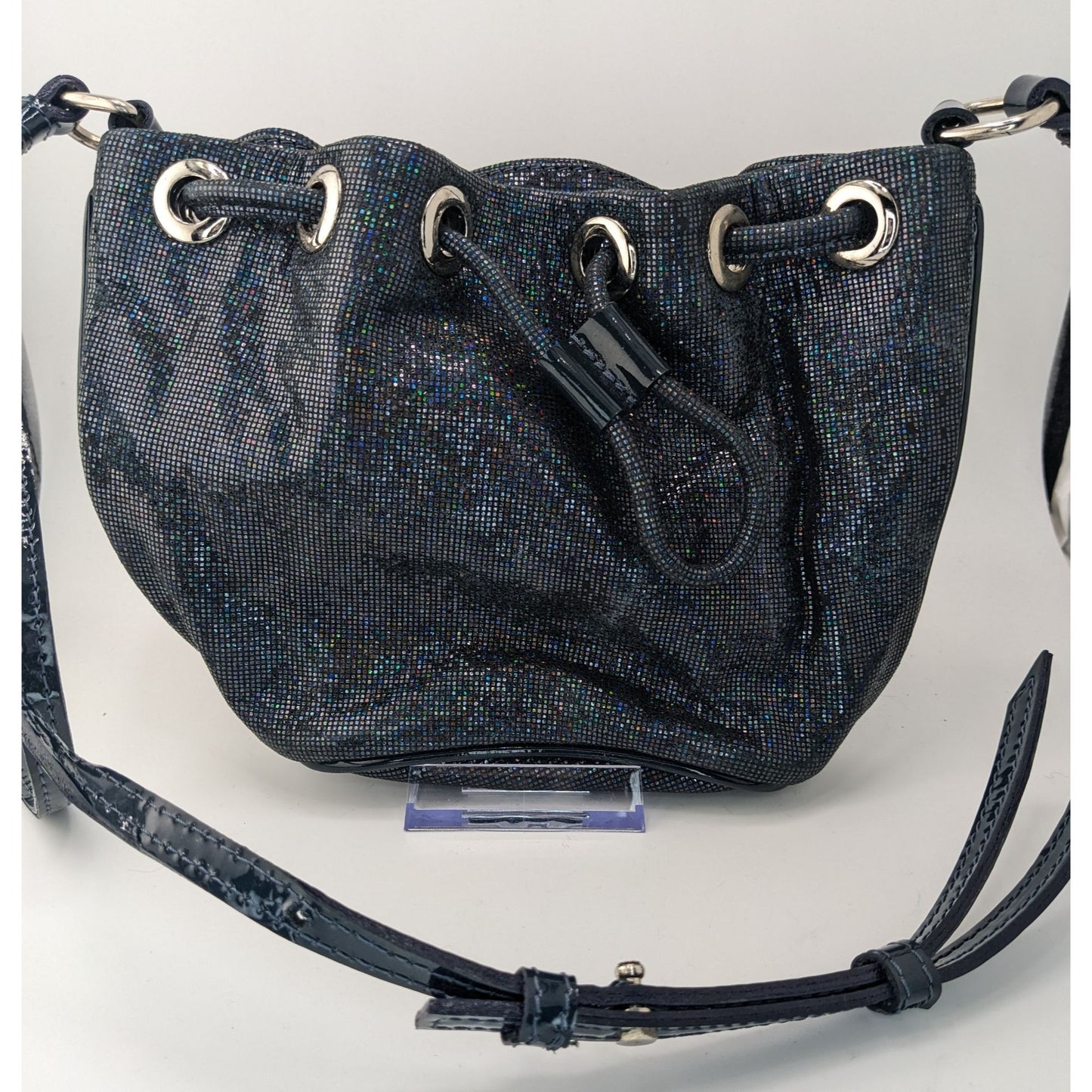 De Maria Navy Prismatic Mini Bucket Bag With Adjustable Strap & Drawstring Closure 9x6x2 Inches