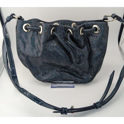 De Maria Navy Prismatic Mini Bucket Bag With Adjustable Strap & Drawstring Closure 9x6x2 Inches
