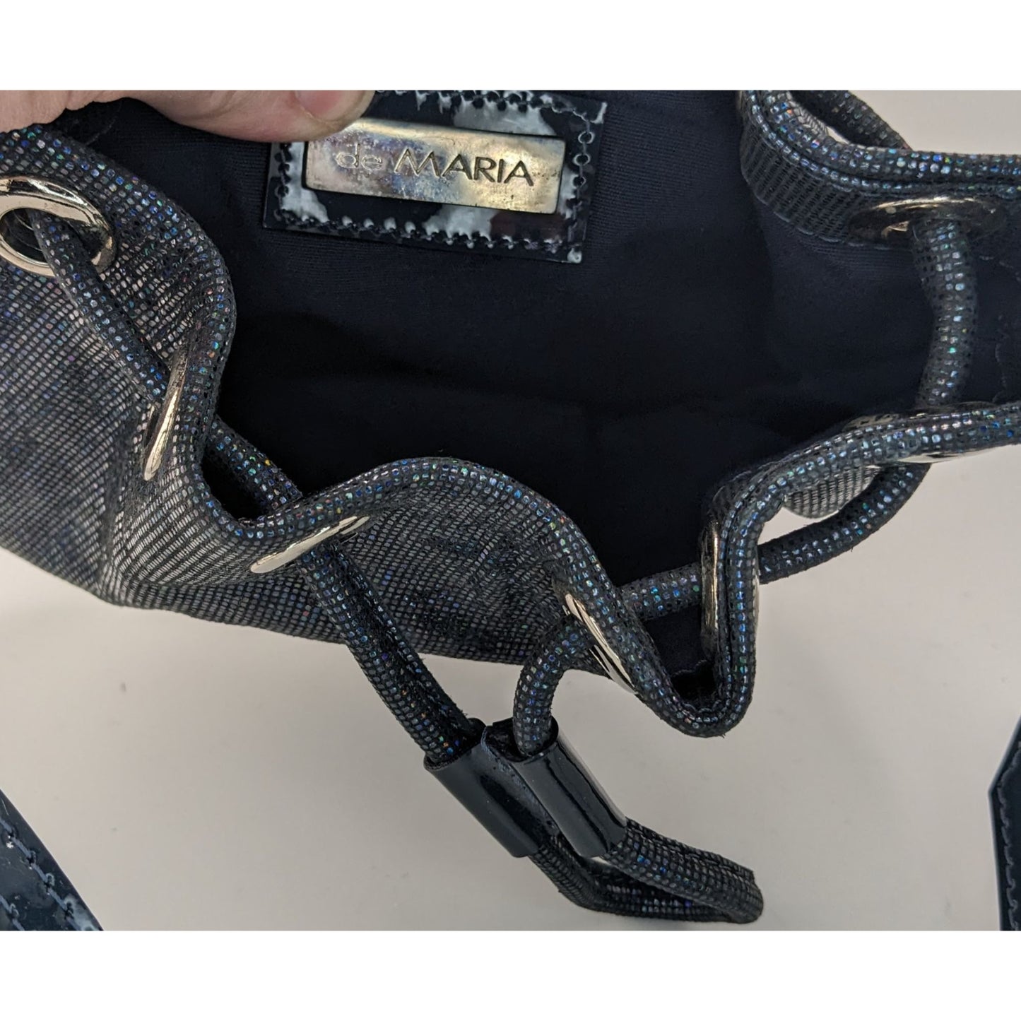 De Maria Navy Prismatic Mini Bucket Bag With Adjustable Strap & Drawstring Closure 9x6x2 Inches