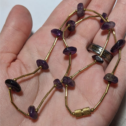 Elegant Amethyst Chip Gold Tube Beaded Necklace