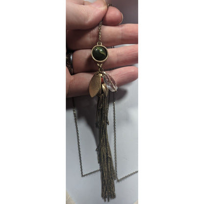 Ann Taylor Loft Floral Green And Gold Tone Tassel Necklace
