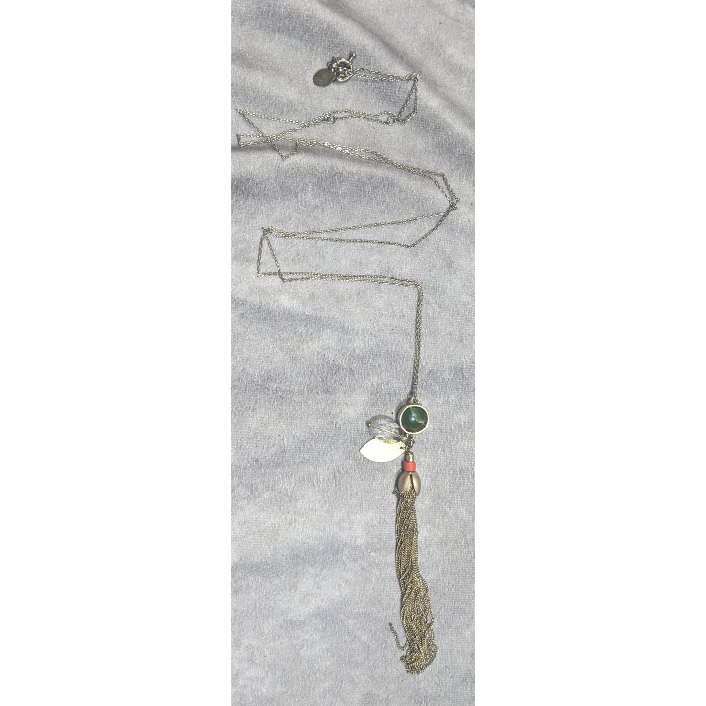 Ann Taylor Loft Floral Green And Gold Tone Tassel Necklace