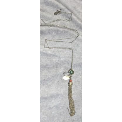 Ann Taylor Loft Floral Green And Gold Tone Tassel Necklace