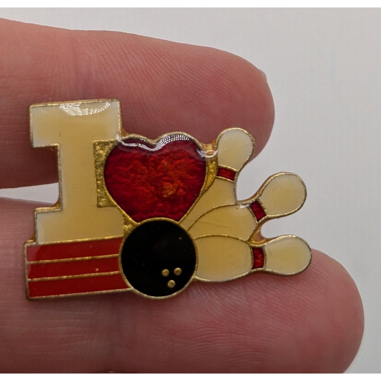 Vintage "I Love Bowling" Gold-Tone Enamel Pin 1 1/4 Inch Accessory