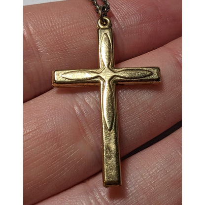 Gold Puffed Embossed Long Cross Necklace