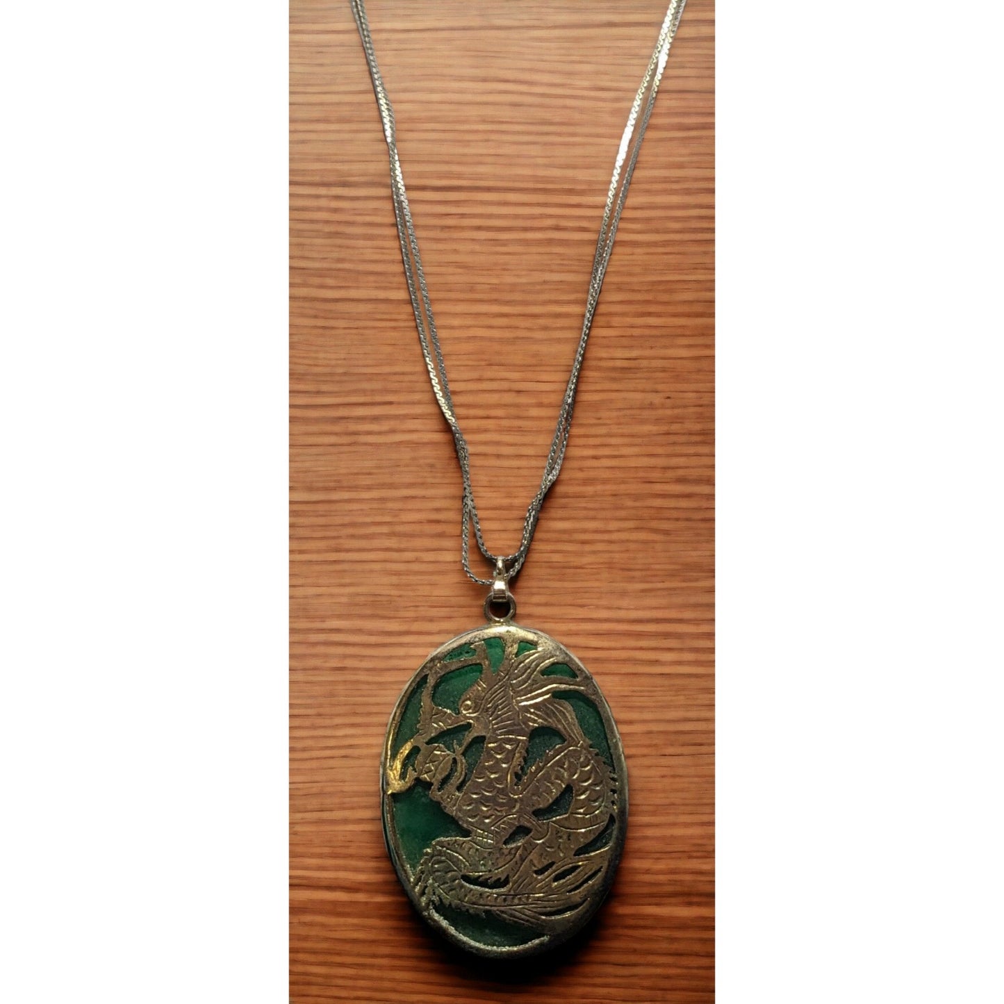 Vintage Green And Gold Japanese Dragon Medallion Necklace