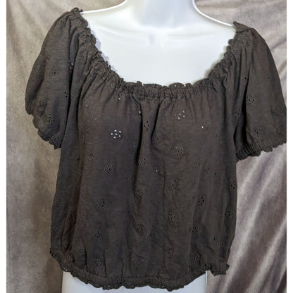 American Eagle Grey Floral Eyelet Peasant Top