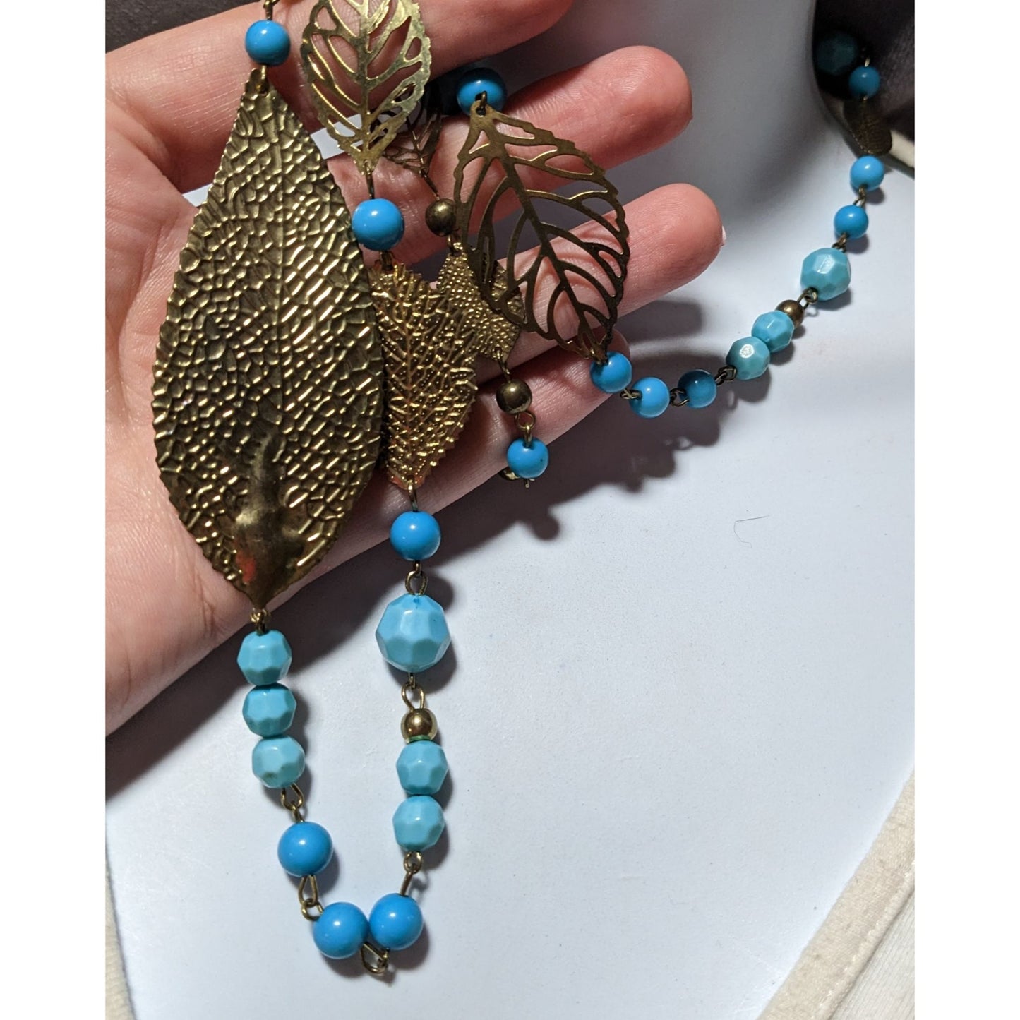 Blue And Gold Bohemian Beaded Feather Necklace