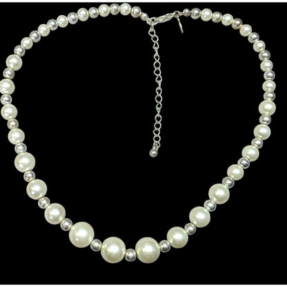Vintage KR Marked Faux Pearl And Silver Tone Beaded Necklace