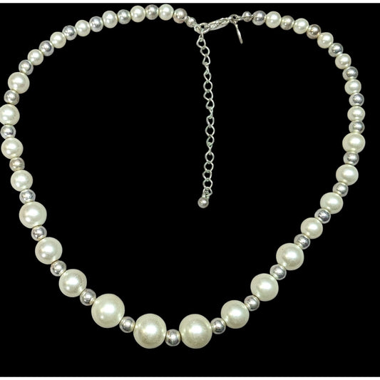 Vintage KR Marked Faux Pearl And Silver Tone Beaded Necklace
