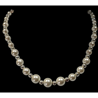 Vintage KR Marked Faux Pearl And Silver Tone Beaded Necklace
