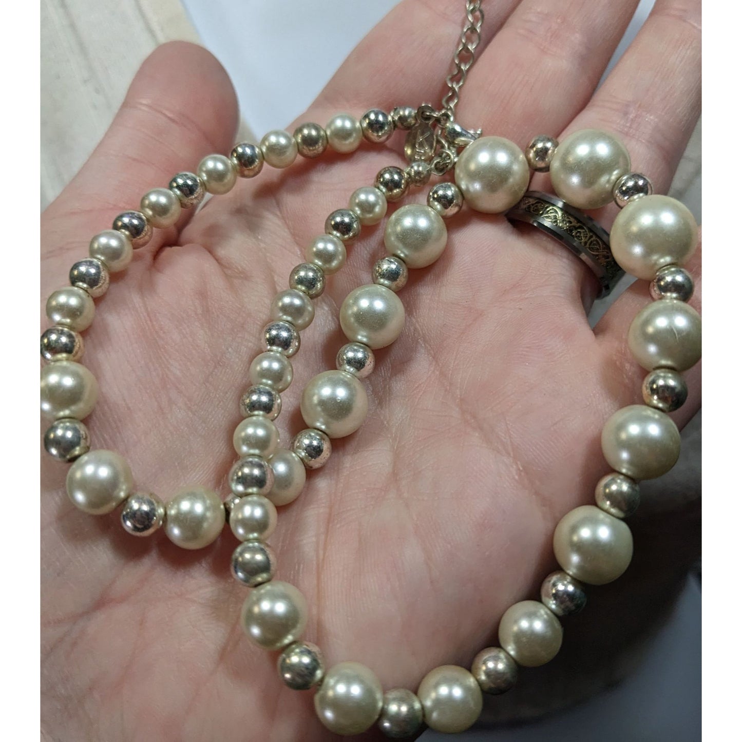 Vintage KR Marked Faux Pearl And Silver Tone Beaded Necklace