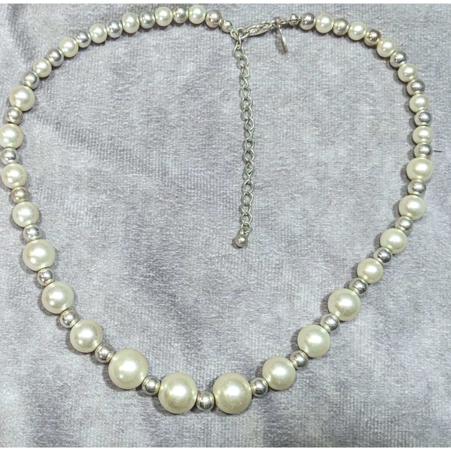 Vintage KR Marked Faux Pearl And Silver Tone Beaded Necklace