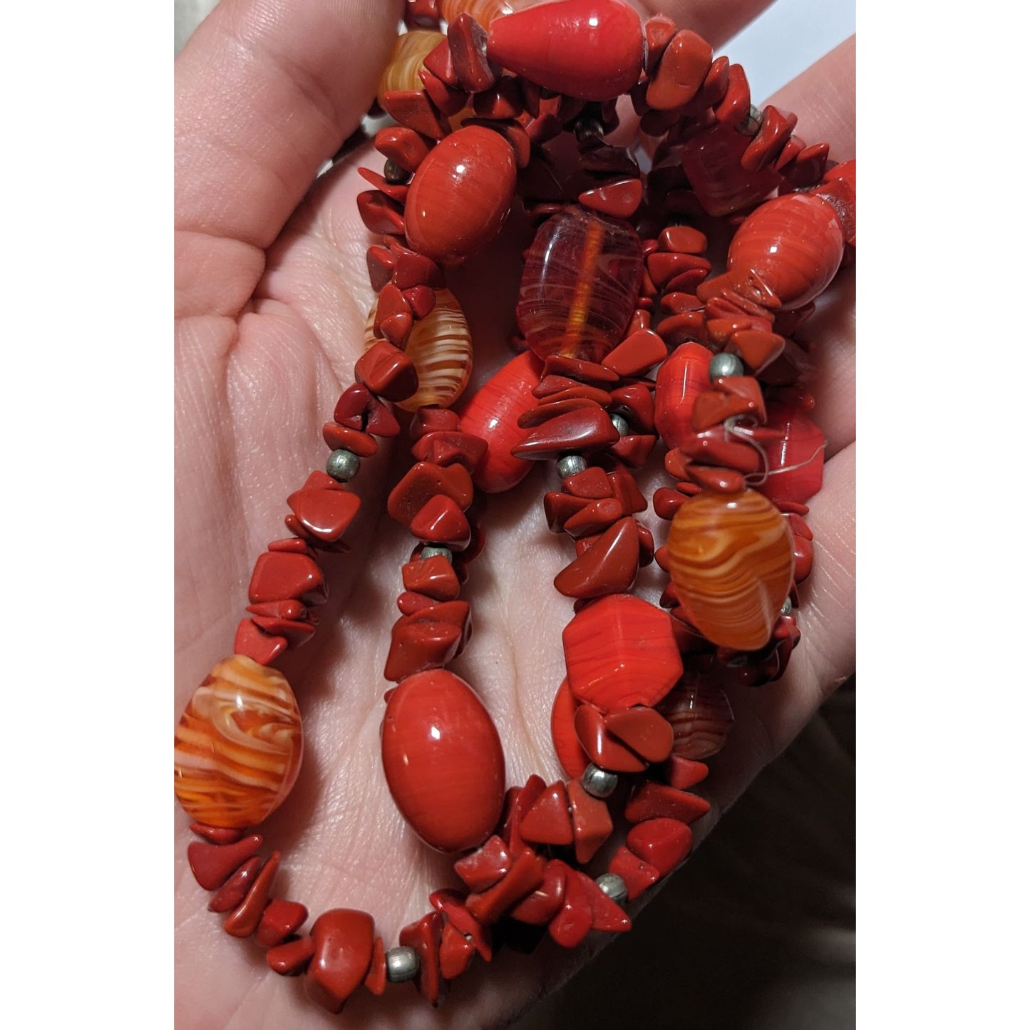 Red Jasper Chip And Glass Beaded Necklace