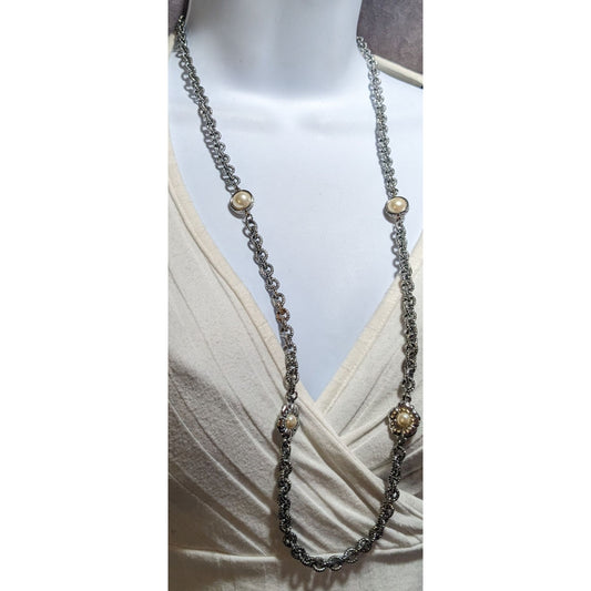 Vintage Liz Claiborne Silver Floral Pearl Chain Necklace