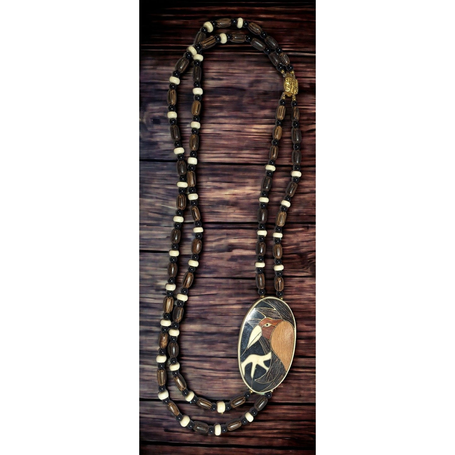 Vintage Wooden Beaded Bird Necklace