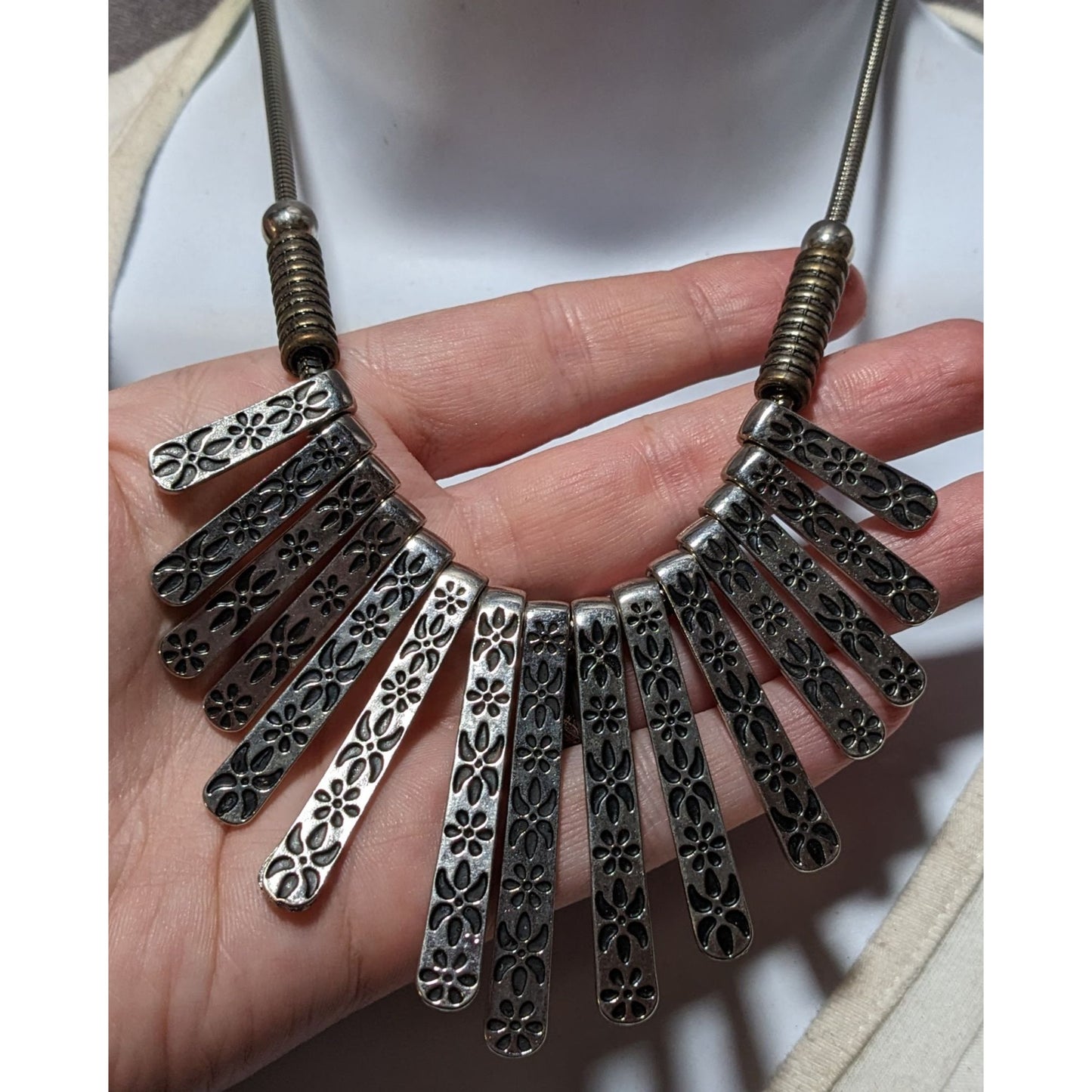 Silver Floral Engraved Graduated Statement Necklace