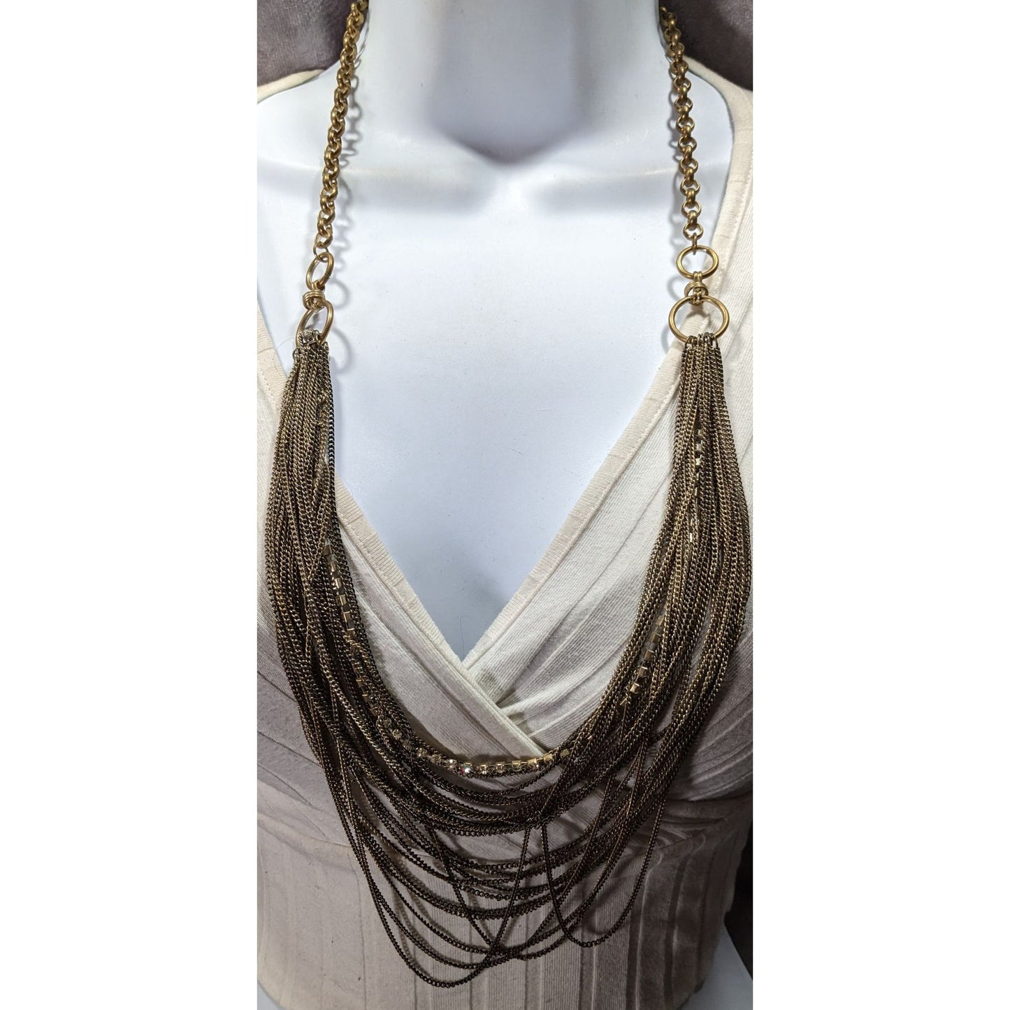 80s Glam Gold Tone Layered Chain Necklace With Rhinestones And A Rolo Chain Back