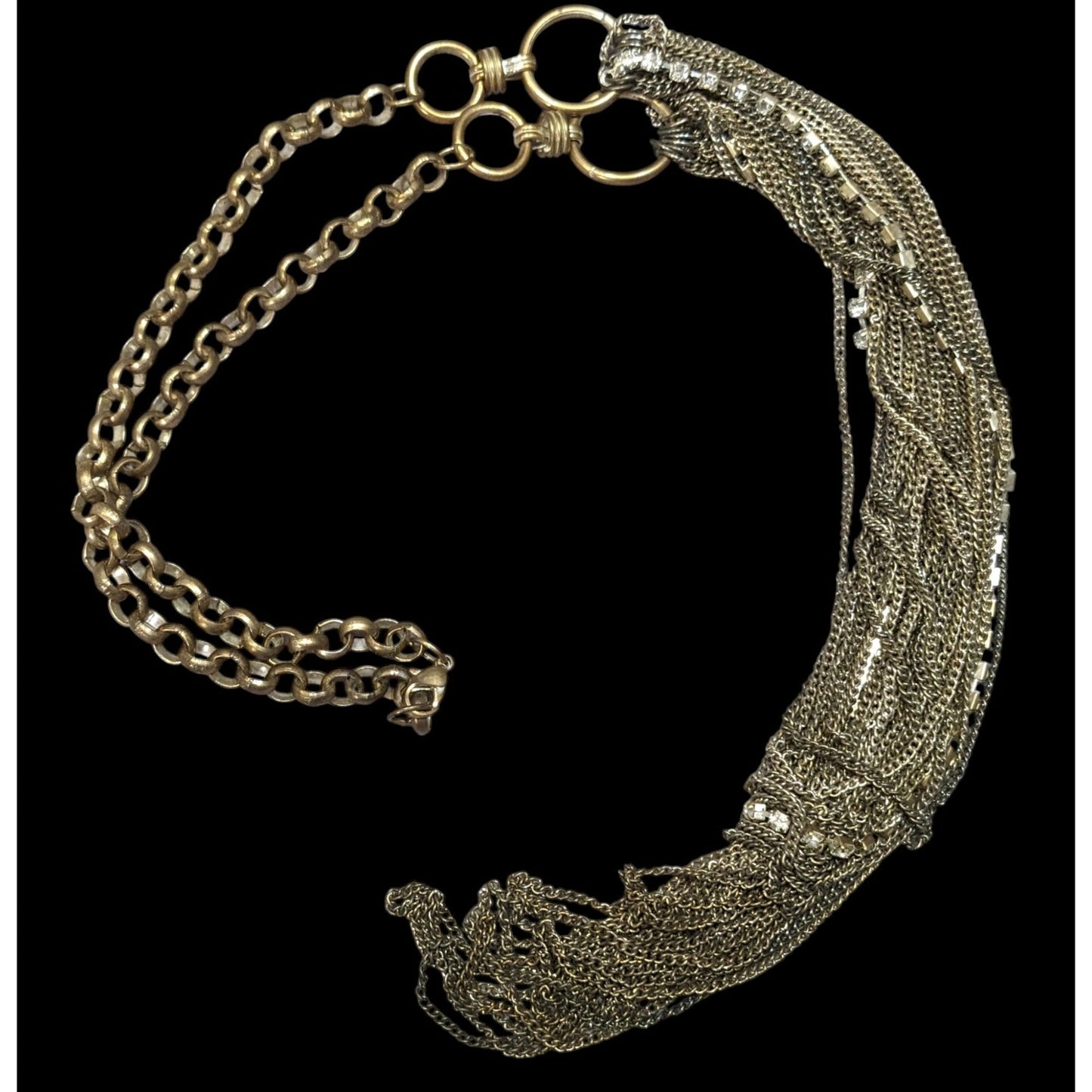 80s Glam Gold Tone Layered Chain Necklace With Rhinestones And A Rolo Chain Back