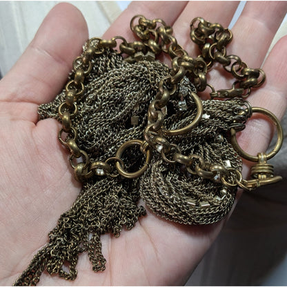 80s Glam Gold Tone Layered Chain Necklace With Rhinestones And A Rolo Chain Back