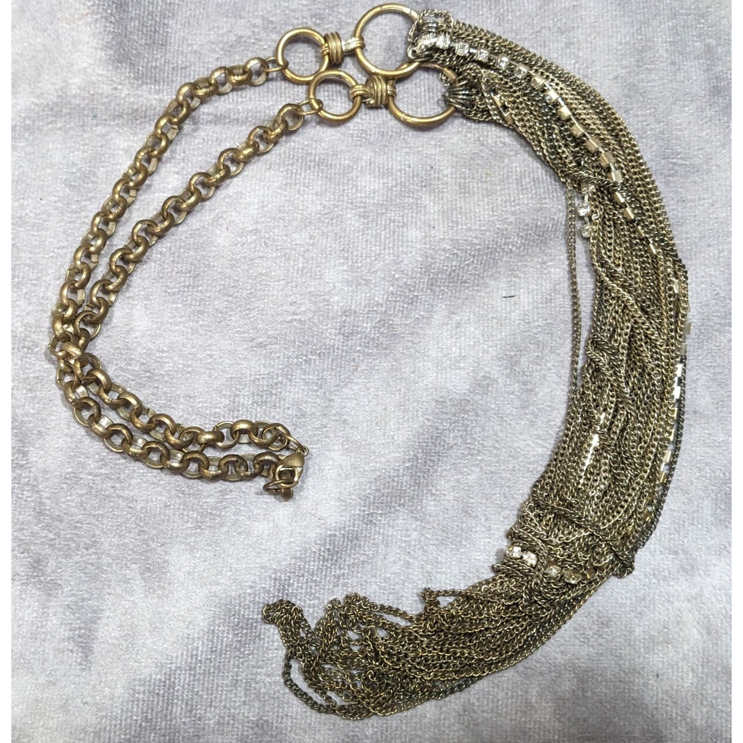 80s Glam Gold Tone Layered Chain Necklace With Rhinestones And A Rolo Chain Back