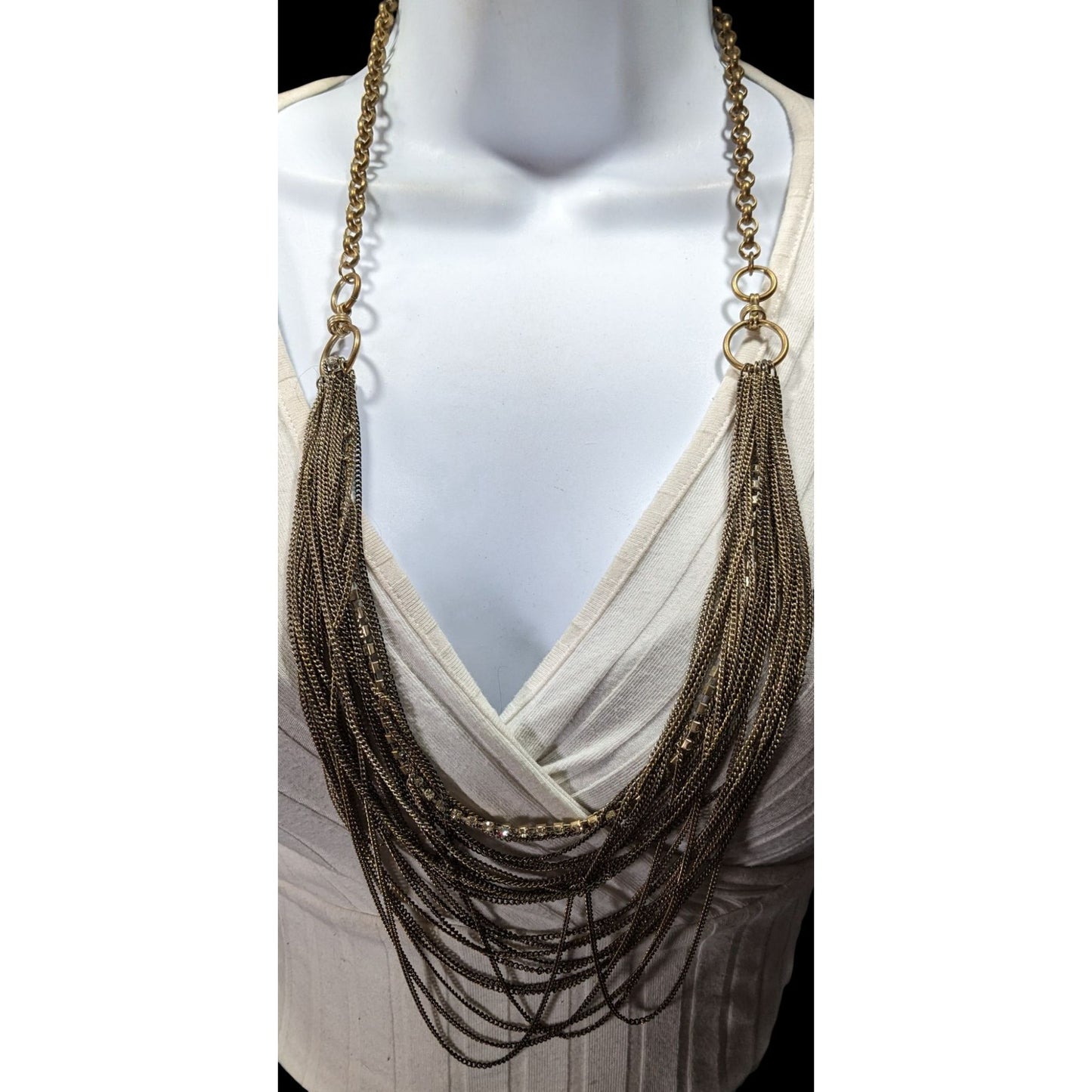 80s Glam Gold Tone Layered Chain Necklace With Rhinestones And A Rolo Chain Back