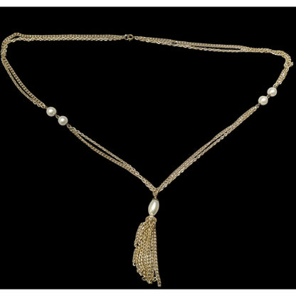 Gold Glam Pearl Beaded Chain Tassel Necklace