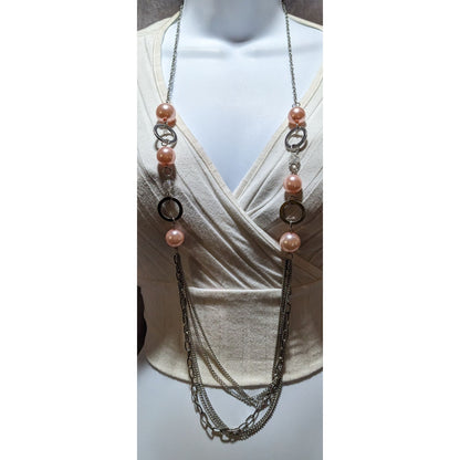 Long Silver & Pink Pearl Chain Necklace