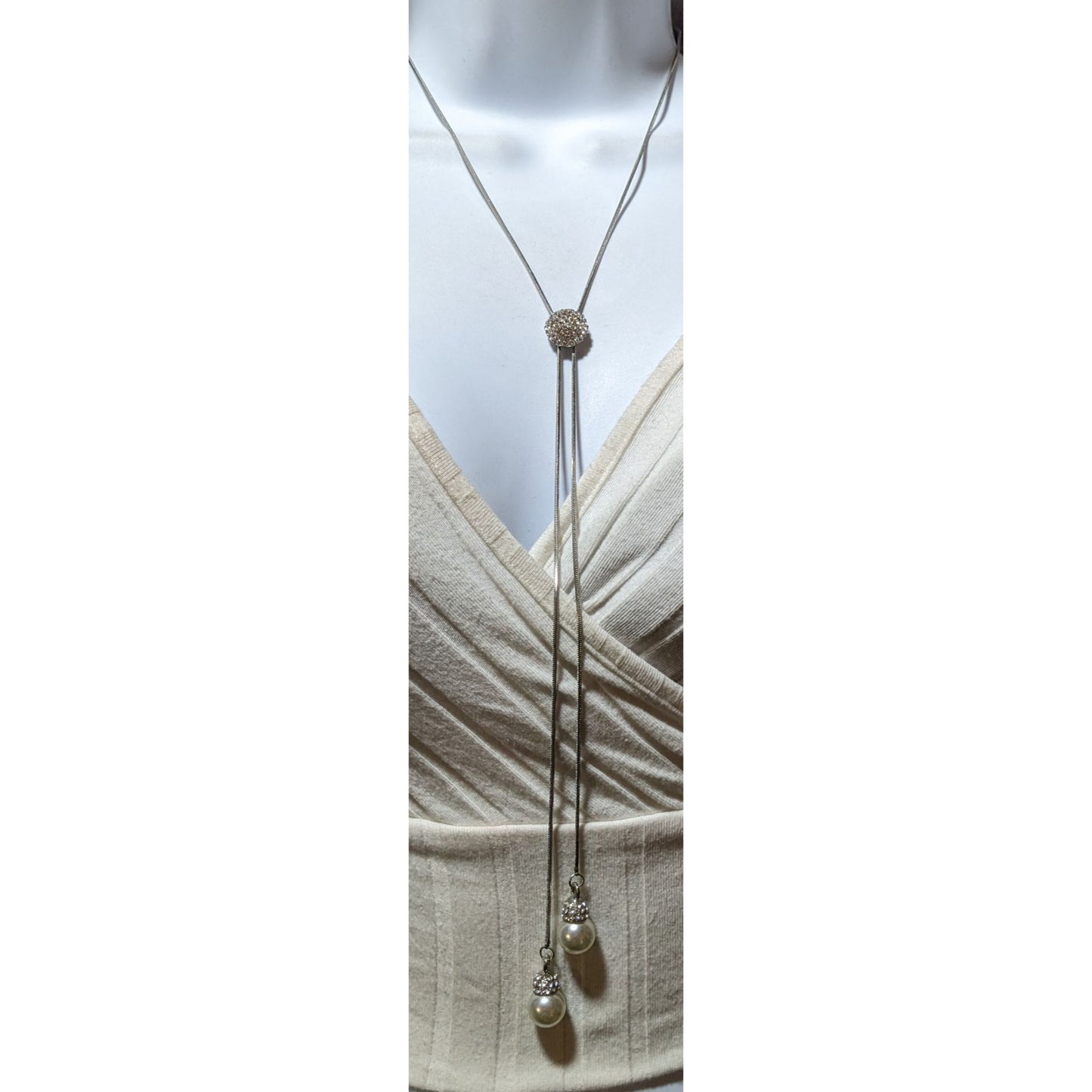 Silver Rhinestone Pearl Adjustable Bolo Necklace