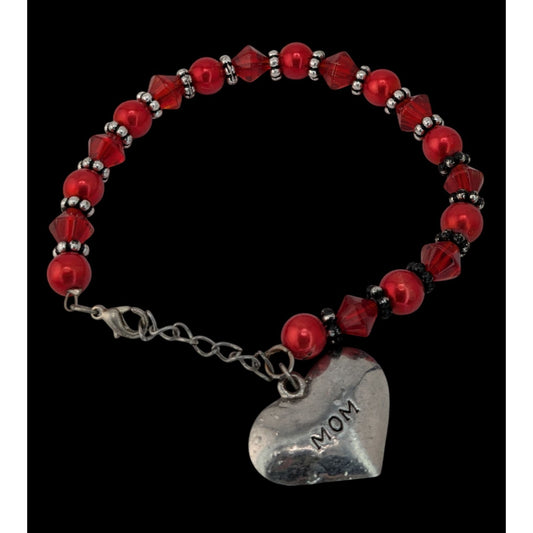 Mother's Day Love Red Beaded Bracelet With Heart Mom Charm