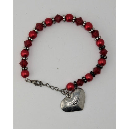 Mother's Day Love Red Beaded Bracelet With Heart Mom Charm