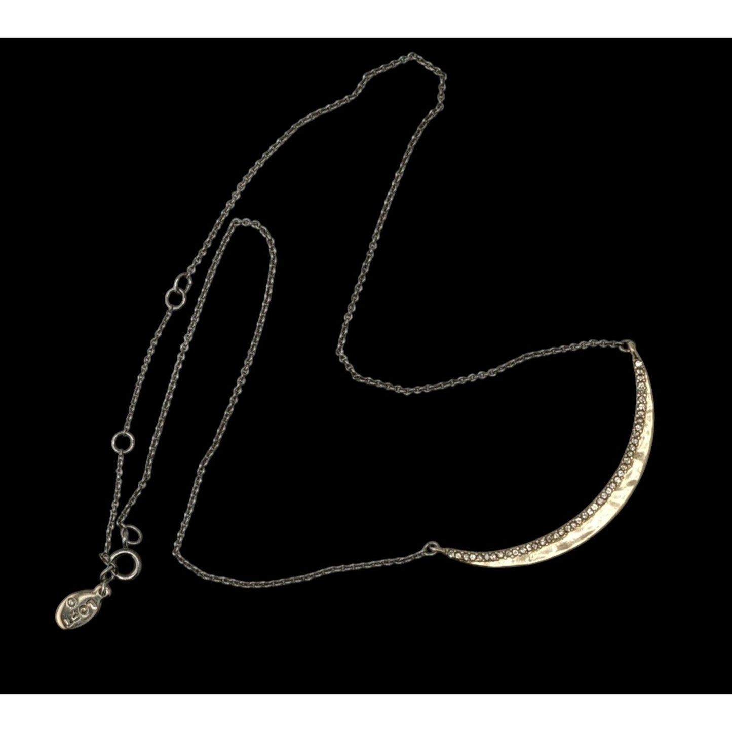 Preppy Loft Crescent Moon Necklace Gold Tone With Rhinestones And Silver Tone Chain