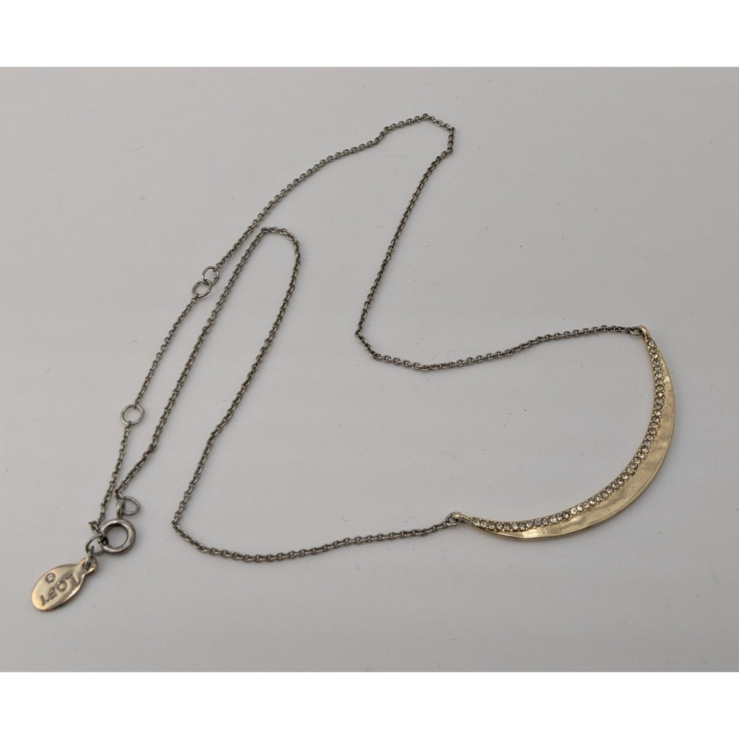 Preppy Loft Crescent Moon Necklace Gold Tone With Rhinestones And Silver Tone Chain