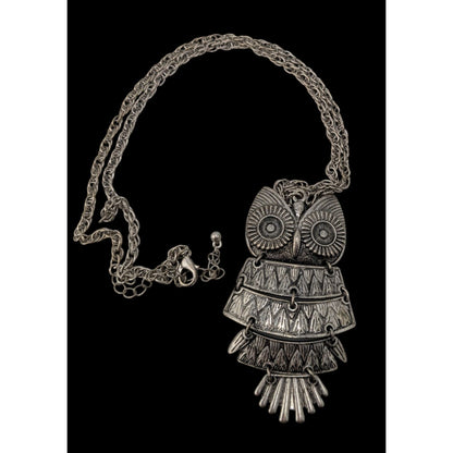 Silver Owl Statement Necklace Articulated Boho Vintage Style Long Pendant