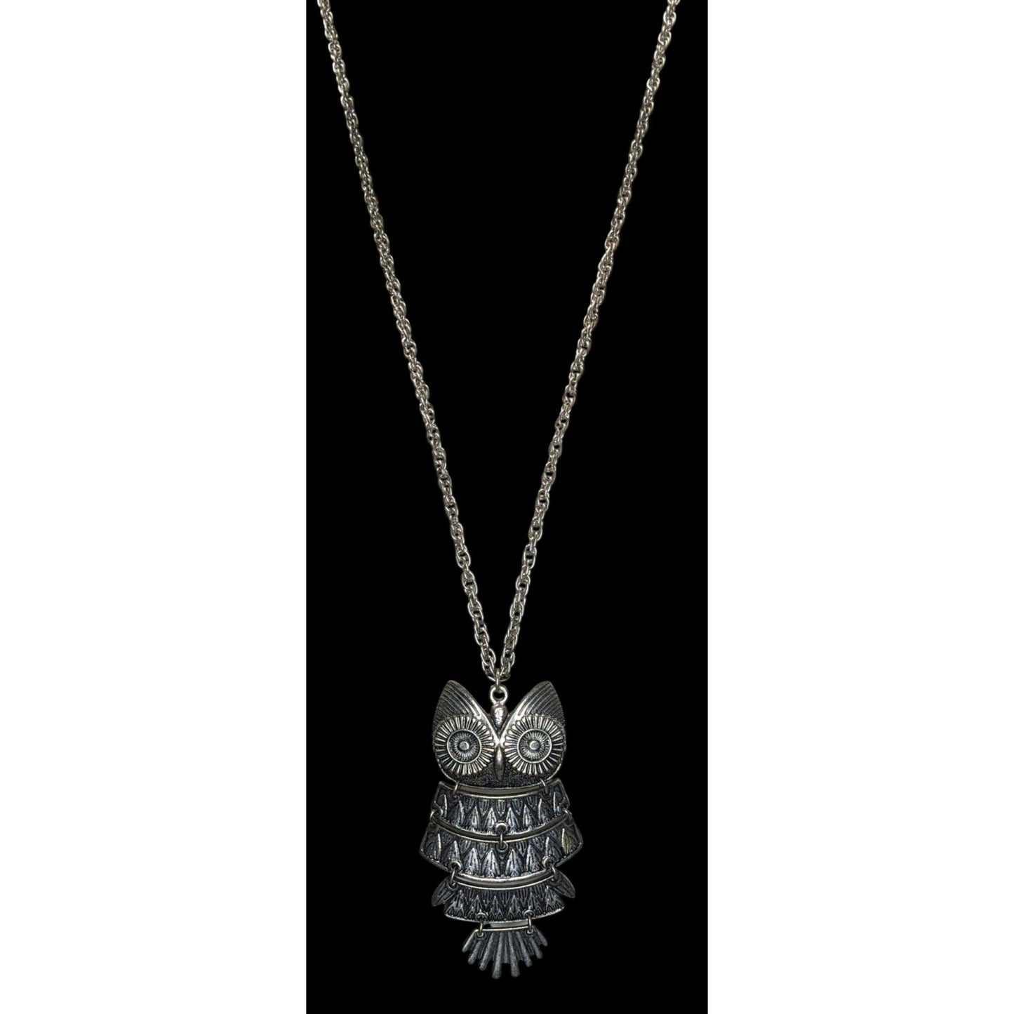Silver Owl Statement Necklace Articulated Boho Vintage Style Long Pendant