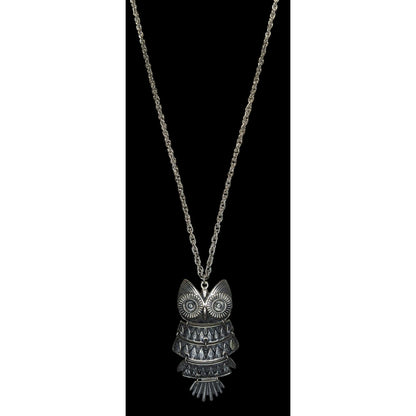 Silver Owl Statement Necklace Articulated Boho Vintage Style Long Pendant