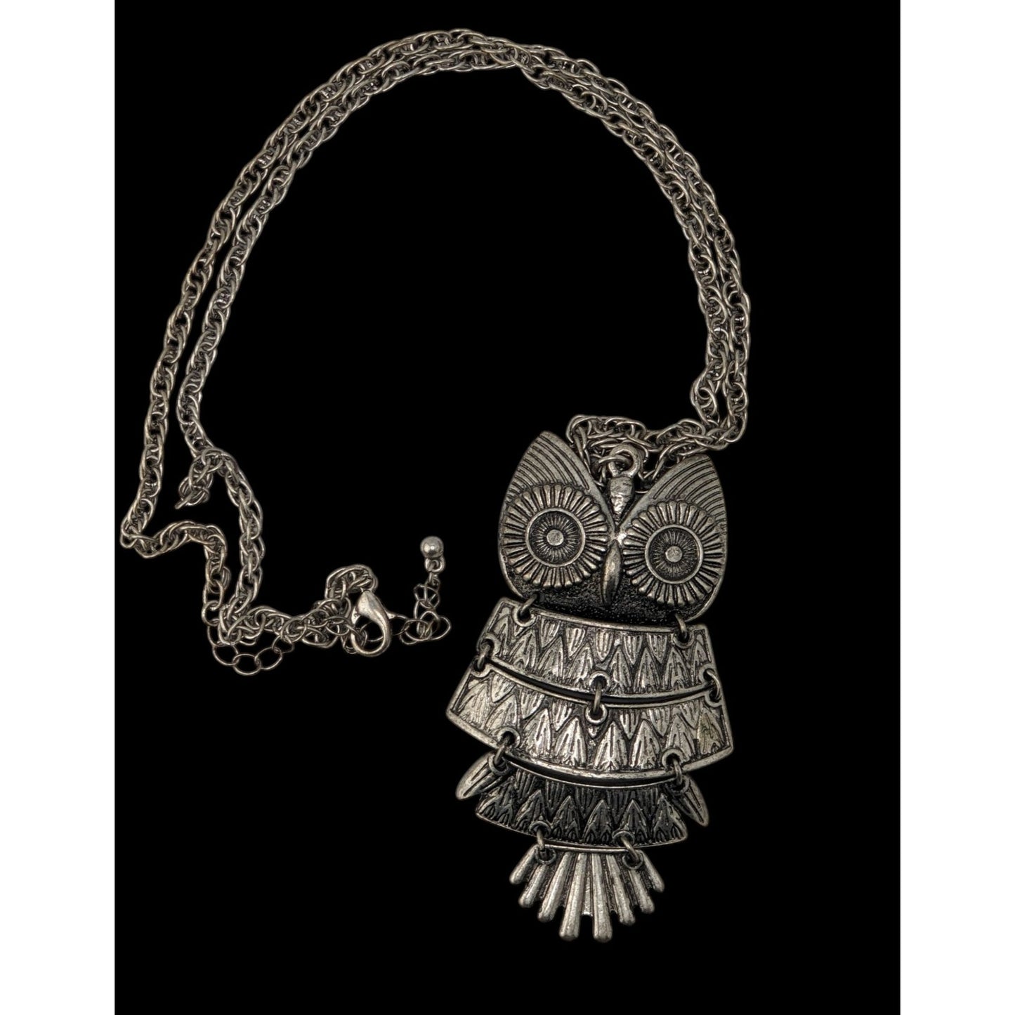 Silver Owl Statement Necklace Articulated Boho Vintage Style Long Pendant