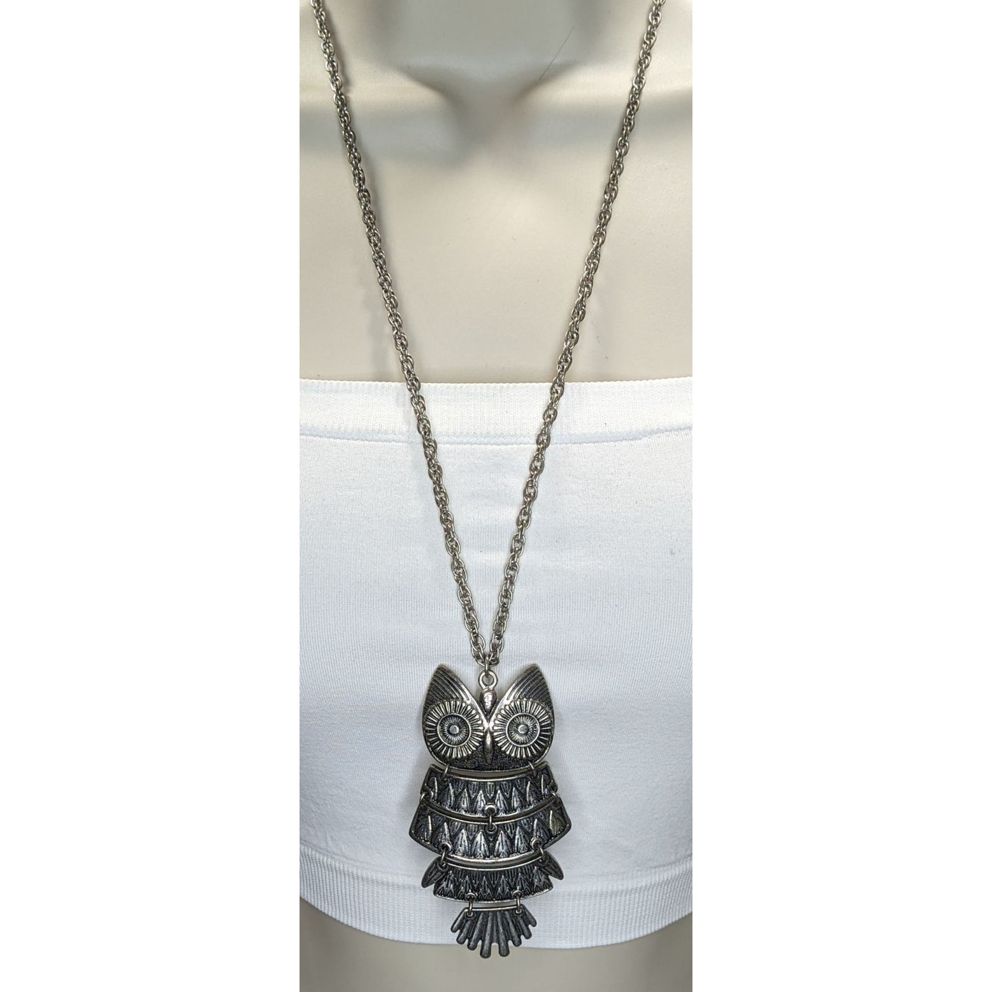 Silver Owl Statement Necklace Articulated Boho Vintage Style Long Pendant
