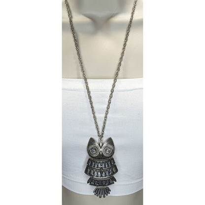 Silver Owl Statement Necklace Articulated Boho Vintage Style Long Pendant