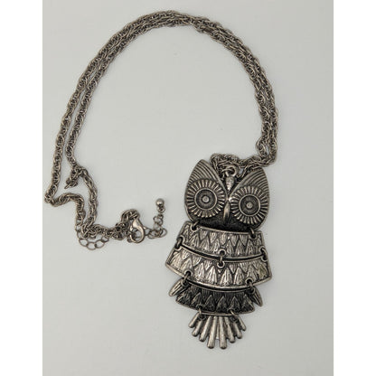 Silver Owl Statement Necklace Articulated Boho Vintage Style Long Pendant