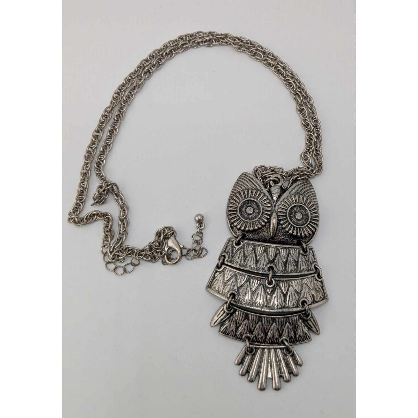 Silver Owl Statement Necklace Articulated Boho Vintage Style Long Pendant