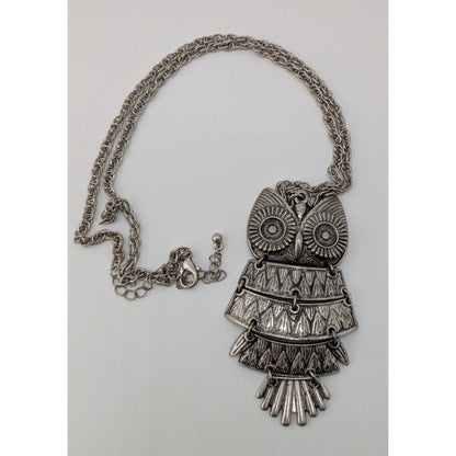 Silver Owl Statement Necklace Articulated Boho Vintage Style Long Pendant