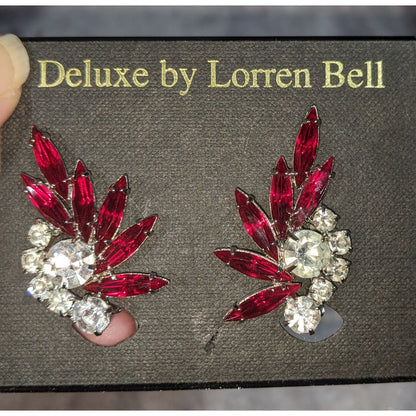 Deluxe by Lorren Bell Vintage 90s Glam Rhinestone Red Clip On Earrings NWT