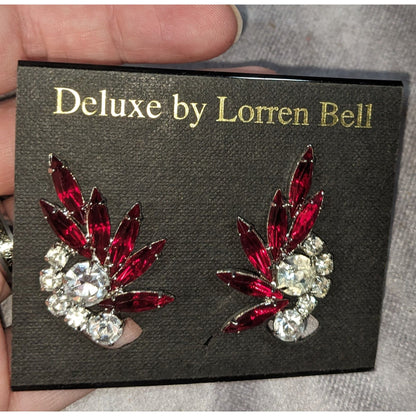 Deluxe by Lorren Bell Vintage 90s Glam Rhinestone Red Clip On Earrings NWT