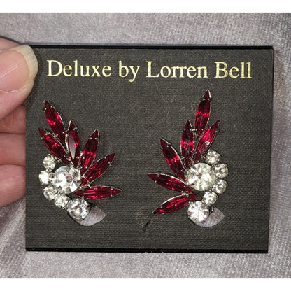Deluxe by Lorren Bell Vintage 90s Glam Rhinestone Red Clip On Earrings NWT